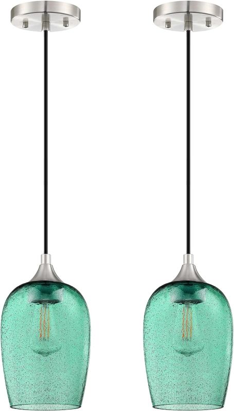 Photo 1 of 2 Pack 1 Light Hanging Indoor Kitchen Island Pendant Lights 5.1" Hand Blown Black Seeded Ancient Green Glass Ceiling Light Fixtures Brushed Nickel Finish Modern Farmhouse Dinning Over Sink
