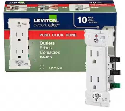 Photo 1 of (BUNDLE) Leviton Decora 10-Pack Decorator Wall Plate Light Almond + 
Leviton Decora Edge 15 Amp Tamper-Resistant Duplex Outlet, 10-Pack, White