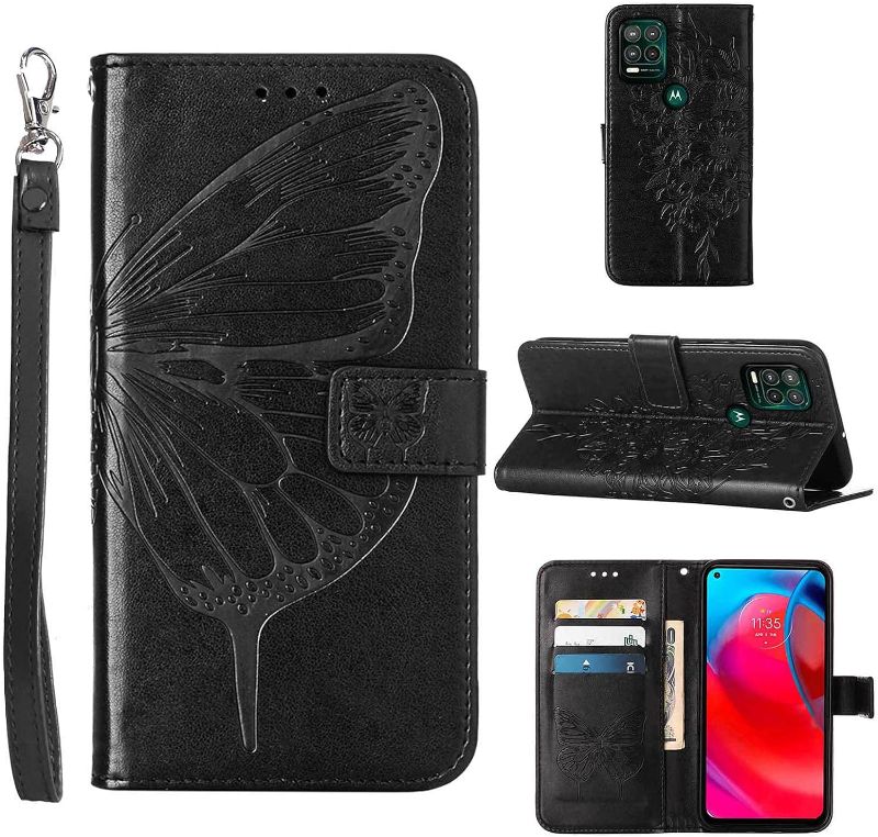 Photo 1 of Compatible for Moto G Stylus 5G Case Wallet,[Kickstand][Wrist Strap][Card Holder Slots] Butterfly Floral Embossed PU Leather