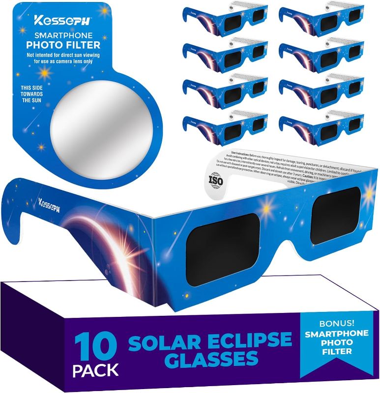 Photo 1 of (2 PACK) Disposable Sun Glasses Solar Eclikpse Rated 
olar Eclipse Glasses Approved 2024, (10 Pack) CE and ISO Certified Solar Eclipse Observation Glasses, Safe Shades for Direct Sun Viewing, Bonus Smartphone Photo Filter Lens, Blue Stars Design