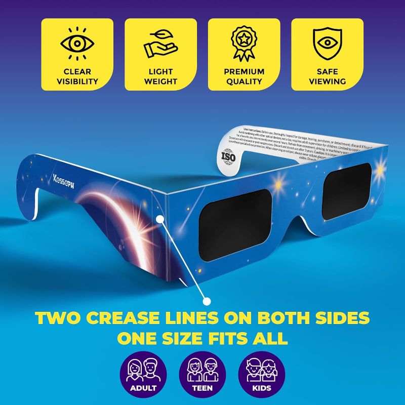 Photo 2 of (2 PACK) Disposable Sun Glasses Solar Eclikpse Rated 
olar Eclipse Glasses Approved 2024, (10 Pack) CE and ISO Certified Solar Eclipse Observation Glasses, Safe Shades for Direct Sun Viewing, Bonus Smartphone Photo Filter Lens, Blue Stars Design