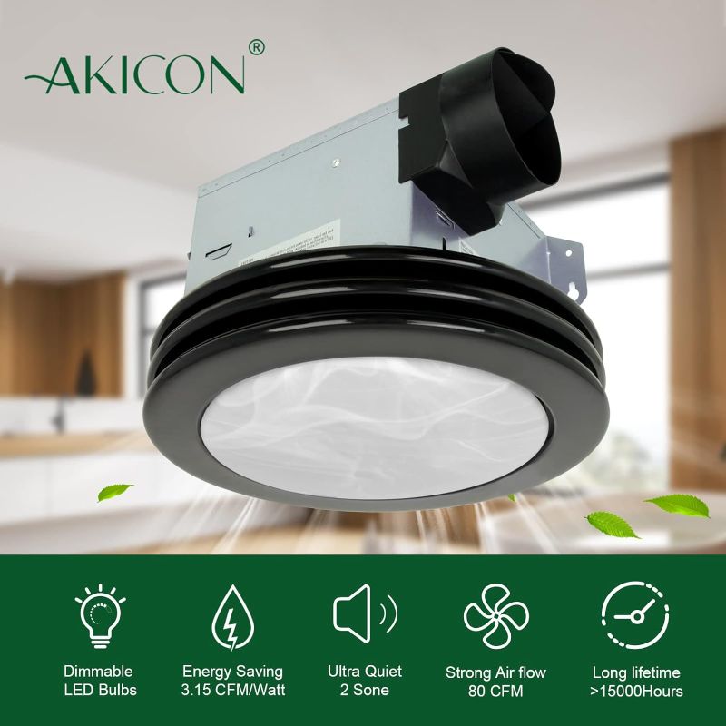 Photo 6 of Akicon Ultra Quiet Bathroom Exhaust Fan with LED Light 80CFM 2.0 Sones Round Bathroom Ventilation Fan with Frosted Glass Cover Matte Black Finish (Matte black)