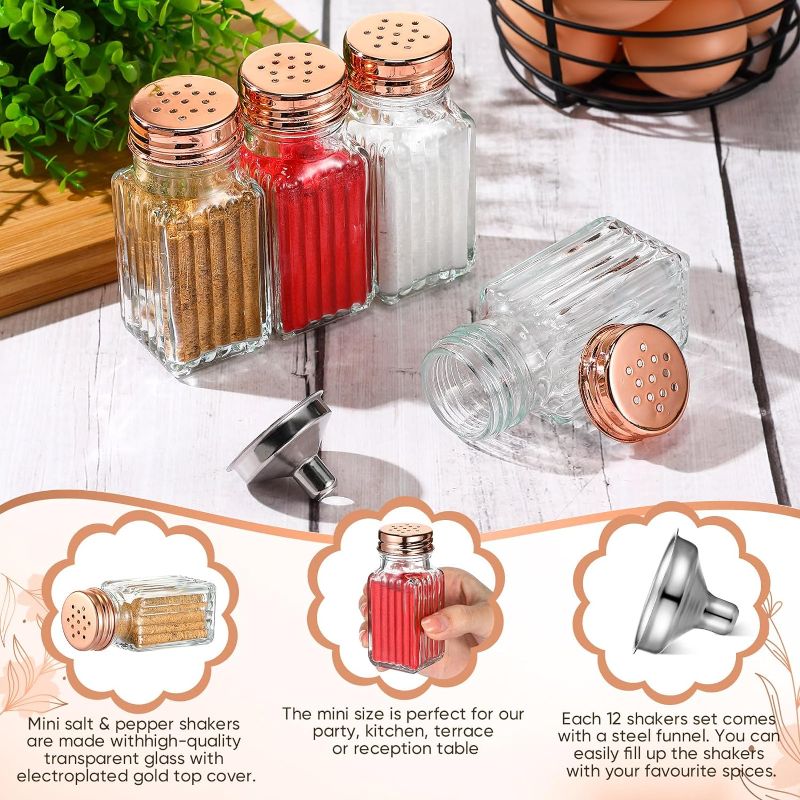 Photo 2 of 36 Pcs Rose Gold Salt and Pepper Shakers Bulk Set, Clear Glass Seasoning Jars Spice Salt Shakers with Funnel, Pen and Labels for Wedding Party Restaurant Home Kitchen(Vertical Stripe)