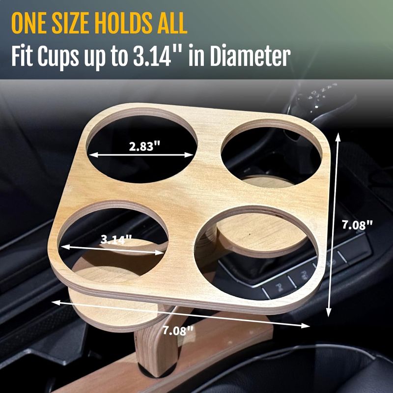 Photo 2 of Sip Sanctuary: 4-in-1 Wooden Car Cup Holder, Seat Gap Filler Type - Front Passenger Seat Organizer w/Universal Fit, Multi Beverage Storage Insert, Road Trip Essential Gift for Taxi, RVs, Truck Drivers