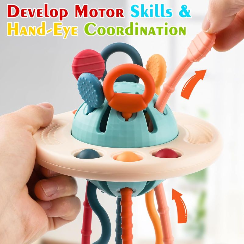 Photo 2 of Baby Montessori Toy for 6-12-18 Months, Food Grade Silicone Pull String Activity Toy, Sensory Toys for Toddlers, Spaceship Shape Baby Toys Fine Motor Skills Toys Gift for 1 2 Year Old Boy Girl Octopus