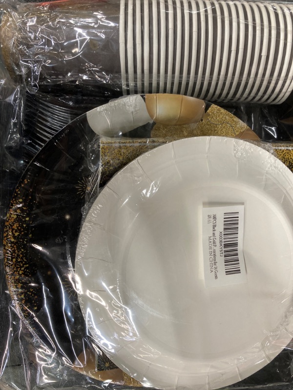 Photo 1 of 168PCS Black and Gold Party Supplies Disposable Party Dinnerware - Black Paper Plates Napkins Cups, Plastic Forks Knives Spoons for Happy Birthday Party Decorations for 24 Guests