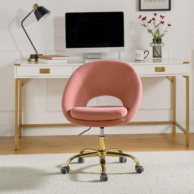 Photo 1 of TINA'S HOME Modern Velvet Office Chair with with Adjustable Swivel, Comfy Upholstered Desk Chair with Open Back, Small Cute Chair for Living Room Study Vanity, Pink