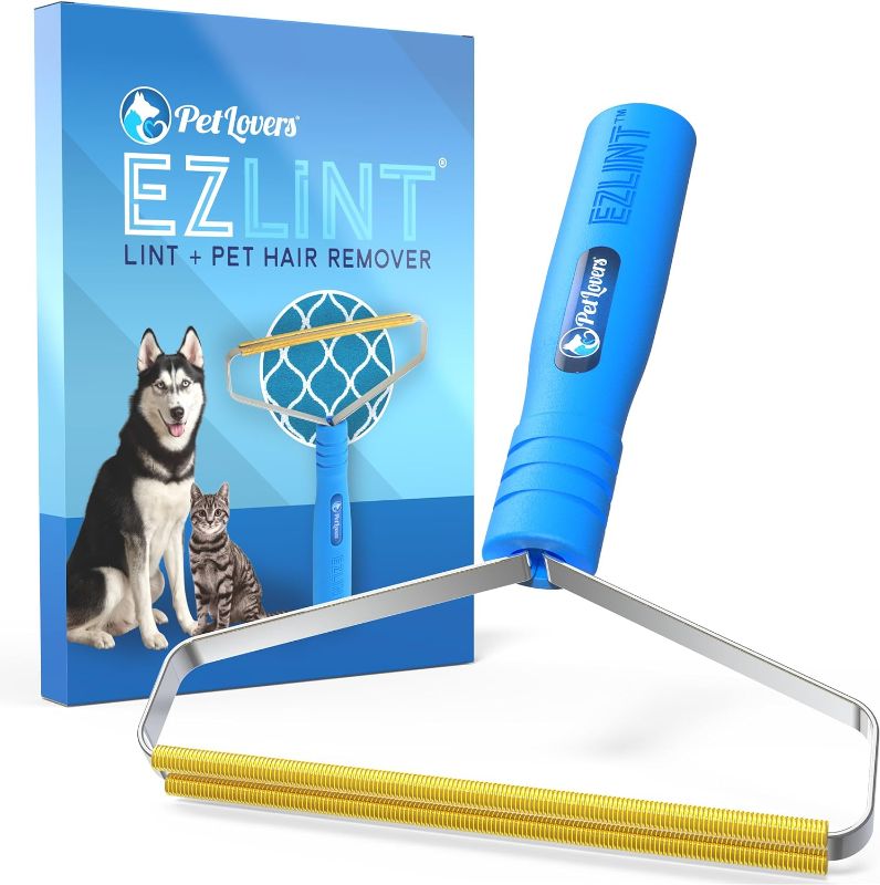 Photo 1 of (2 PACK) PetLovers EzLint Pet Hair Remover - Reusable Dog and Cat Fur Removal Tool, Portable Carpet Scraper & Rake for Couches, Furniture, Rugs, Mats, and Clothes Blue