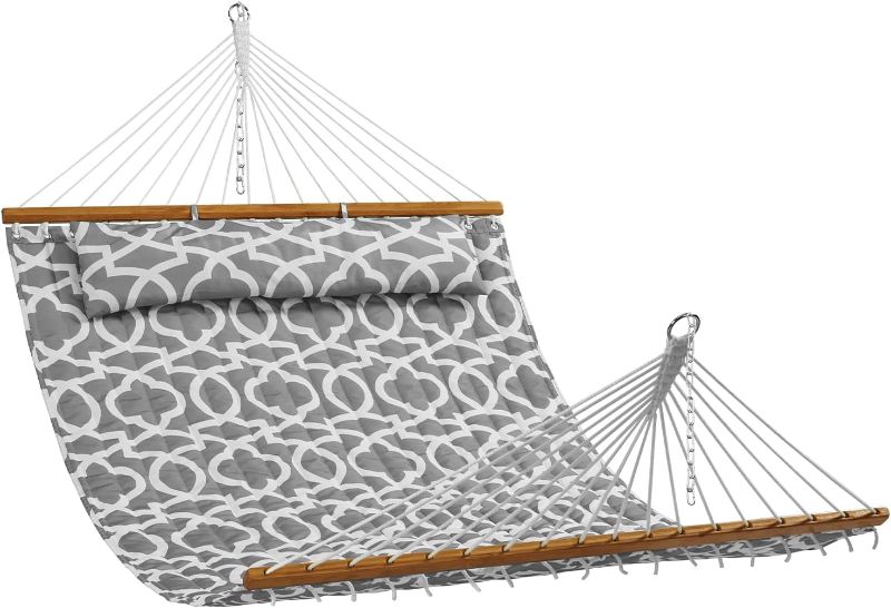 Photo 1 of *Pattern may vary*
Double Quilted Fabric Hammock, 12 FT Double Hammock with Hardwood Spreader Bars, 2 Person Quilted Hammock with Detachable Pillow and Chains for Camping Outdoor Patio Yard Beach, 480 lbs Capacity