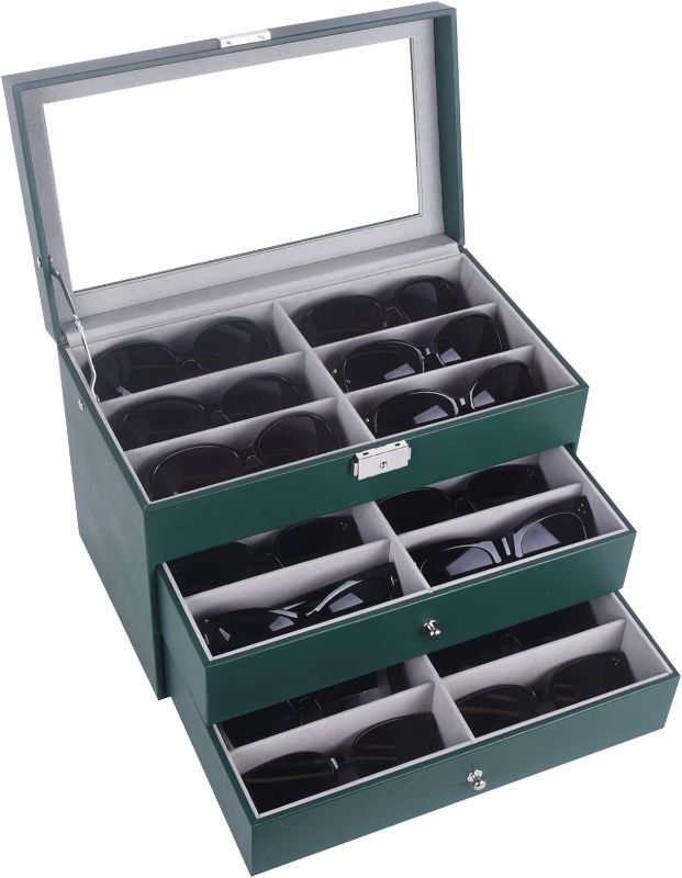 Photo 1 of AUTOARK Leather 18 Piece Eyeglasses Storage and Sunglass Glasses Display Drawer Lockable Case Organizer,Green,AW-154