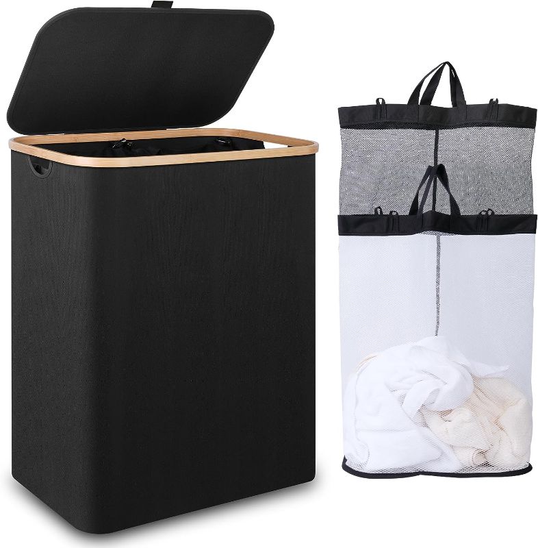 Photo 1 of 150L Laundry Hamper with Lid-Large Laundry Basket with Bamboo Handles, Black Hampers for Laundry, Dirty Clothes Hamper with 2 Removable Inner Bags for Clothes Toys Towels