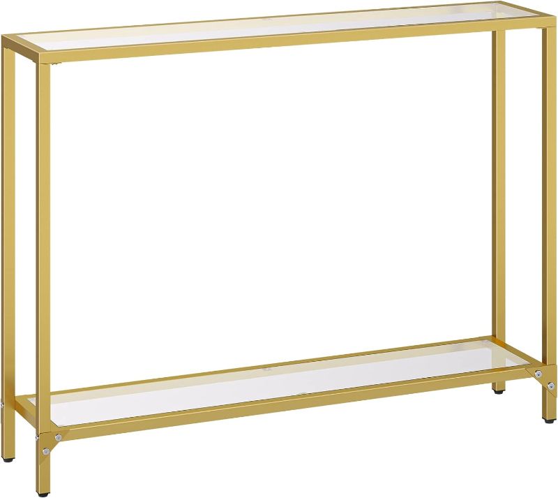 Photo 1 of Gold Console Table, Tempered Glass Sofa Table, Narrow Entryway Table, Metal Frame, Modern Style, Hallway, Living Room, Gold GD04XG01