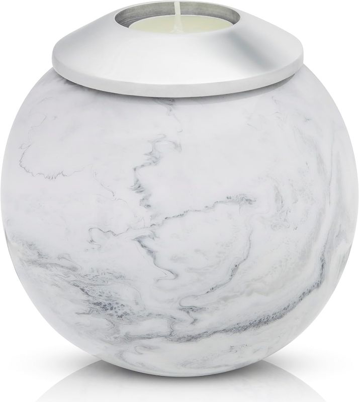 Photo 1 of – Small Urn for Human Ashes Adult - Handcrafted White Decorative Ashes Keepsake Urns with Built in Candle Holder to Display at Home – 5” x 5” - Small Cremation Urn for Human Ashes