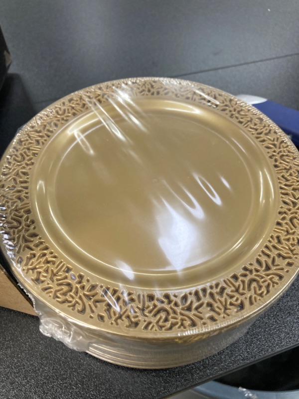 Photo 4 of 102 PCS Brown Gold Plastic Plates, Lace Design Disposable Plates, BPA Free Plates Includes: 51 Dinner Plates 10.25 Inch and 51 Salad / Dessert Plates 7.5Inch for Wedding and Party