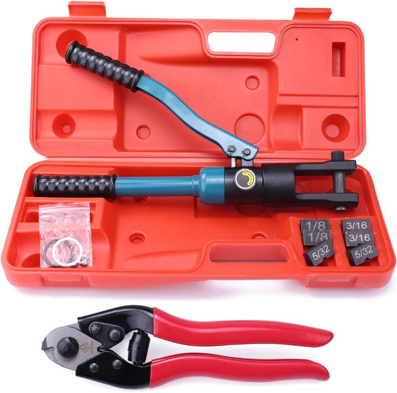 Photo 1 of *SEE PHOTOS PARTS ONLY* Muzata 60KN Upgraded Custom Hydraulic Hand Crimper Tool for 1/8" Stainless Steel Cable Railing Kit Hardware Wire Rope Swaging Kit with 1Pair 1/8" Dies and 1 set fixing hoop CT01, CT1