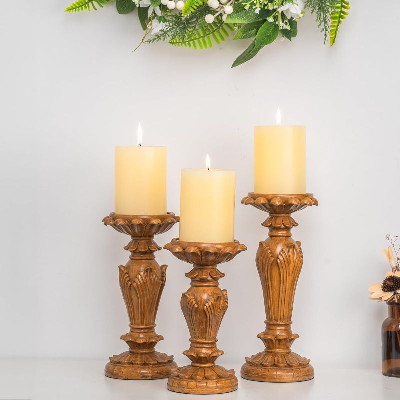 Photo 1 of Farmhouse Candle Holder Pillar Candle 3 Piece Set, Farmhouse Living Room Mantel Decor, Table Centerpiece, 12" 10" 8" Vintage Tall Candle Holder Decor - Brown