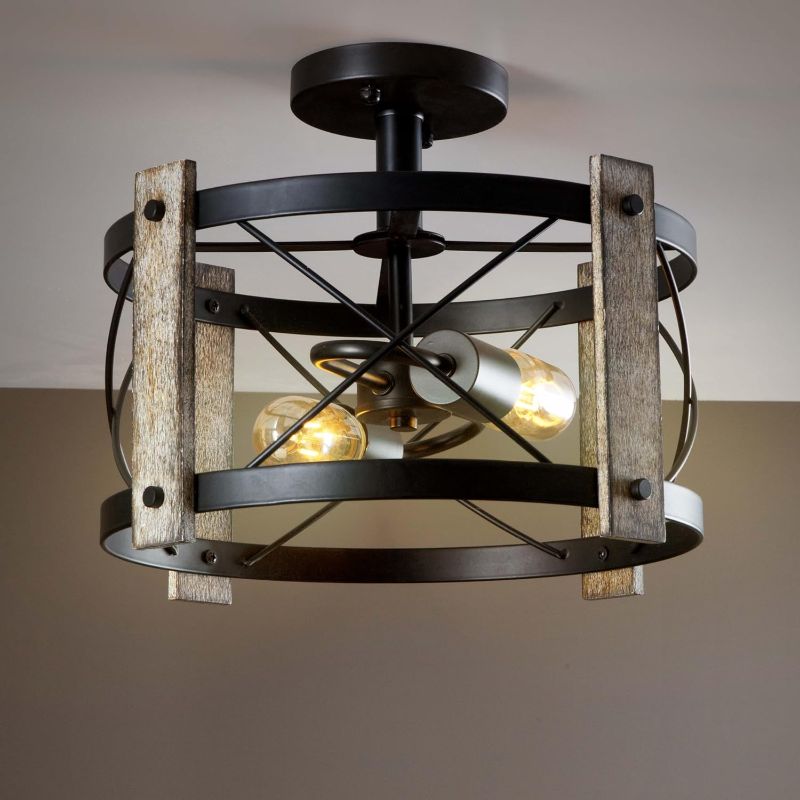 Photo 1 of Industrial Flush Mount Ceiling Light - Industrial Ceiling Light Solid Washed Wood Accent with LED Lights for Hallway, Farmhouse Ceiling Light