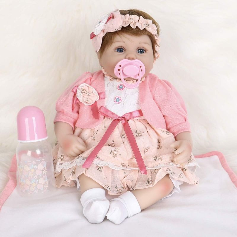 Photo 1 of ENADOLL Reborn Baby Doll Realistic Silicone Vinyl Baby Pink Hairband Girl 16 inch Weighted Soft Body Lifelike Doll Gift Set for Ages 3+(Pink Hairband)