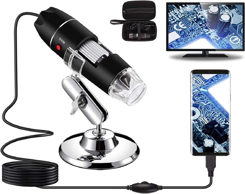 Photo 1 of 3 PACK BUNDLE///USB Digital Microscope 40X to 1000X, 8 LED Magnification Endoscope Camera with Carrying Case & Metal Stand, Compatible for Android Windows 7 8 10 11 Linux Mac