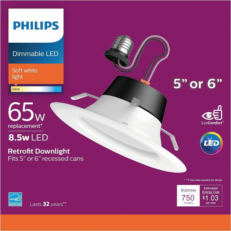 Photo 1 of Philips LED Flicker Free 5"/6" Dimmable Recessed Downlight, EyeComfort Technology, 750 Lumen, Soft White Light (2700K), 8.5W=65W, E26 Base, Title 20 Certified