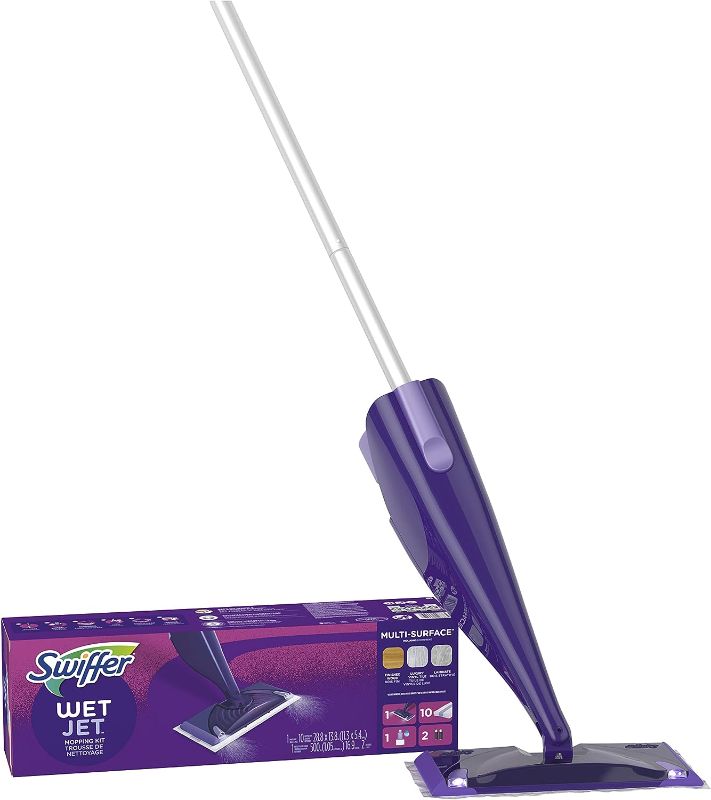 Photo 1 of Swiffer WetJet Hardwood and Floor Spray Mop Cleaner Starter Kit, Includes: 1 Power Mop, 10 Pads, Cleaning Solution, Batteries, 16 Piece Set, Purple