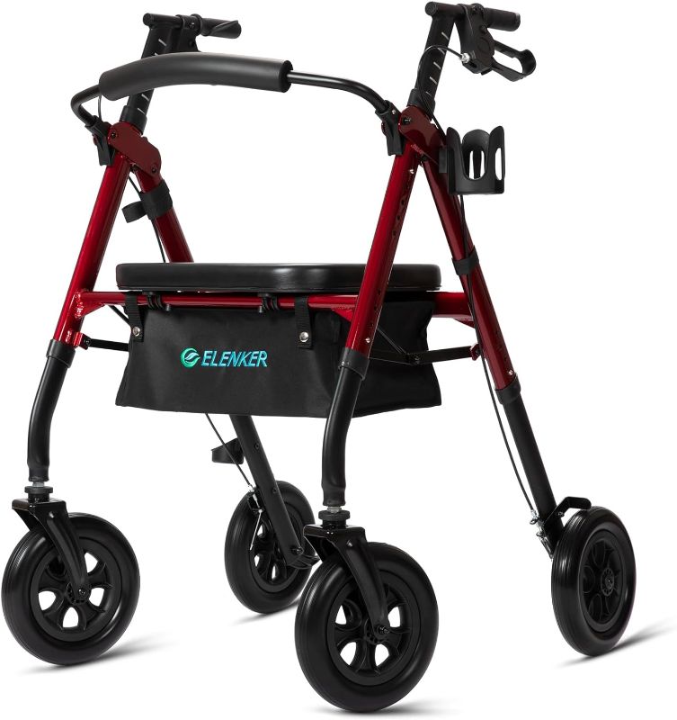 Photo 1 of GREEN!!! ELENKER All-Terrain Heavy Duty Rollator Walker with Wide Seat and Backrest, 10” Wheels, Supports Up to 500lbs for Seniors, Red