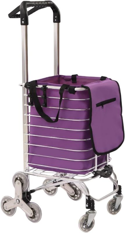 Photo 1 of Grocery Shopping Cart on Wheels Folding Utility Cart Laundry Shopping Handcart+Bag 35L Capacity for Groceries Laundry Luggage(Silver + Purple)