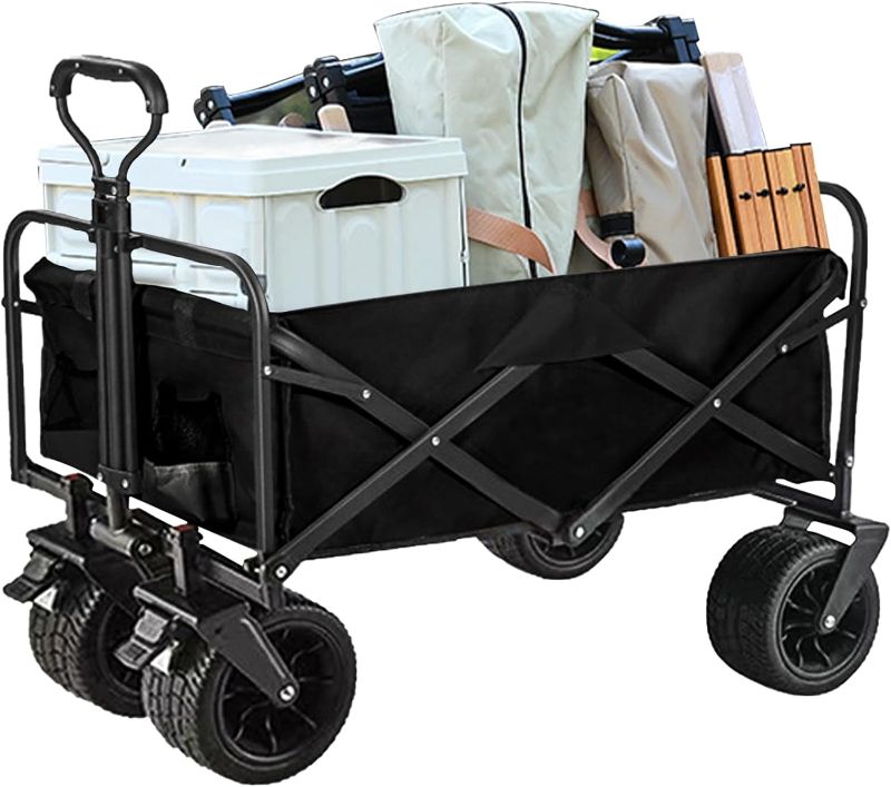 Photo 1 of Collapsible Foldable Wagon, Heavy Duty Folding Utility Garden Cart with Big All-Terrain Beach Wheels, 280LBS Weight Capacity, 100L Capacity, Collapsible Wagon for Sports, Shopping, Camping (Black) Black & Gray 100l Large