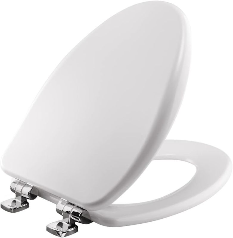 Photo 1 of Bemis 19170CSLA 000 Alesio Toilet Seat with Chrome Hinges will Slow Close, Never Loosen and Provide the Perfect Fit, ELONGATED, High Density Enameled Wood, White