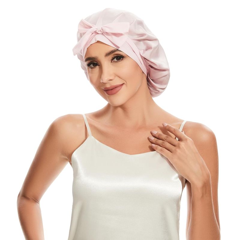 Photo 1 of 22 Momme 100% Mulberry Silk Bonnet for Women, Silk Sleep Cap for Hair Care, Silk Hair Wrap for Sleeping with Elastic Stay on Head All Night (Pink)
