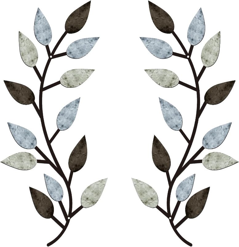 Photo 1 of 2 Pieces Metal Tree Leaf Wall Decor Vine Olive Branch Leaf Wall Art Wrought Iron Scroll Above The Bed, Living Room, Outdoor Decoration (Pastel Colors)
