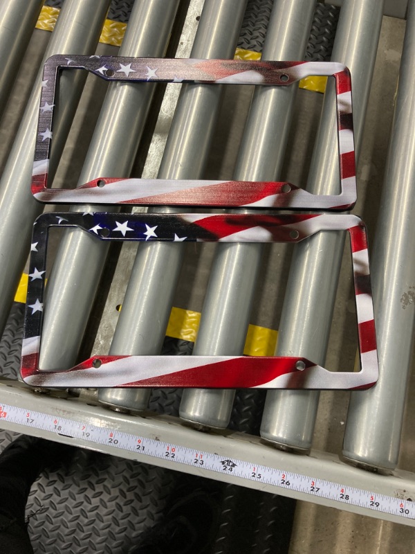 Photo 1 of American Flag License Plate Frame Holder - 2 Pack Universal Aluminum Matte Stripe US Flag Gloss Patriotic Car Plate Frame Covers with Free Screws Fasteners Caps
