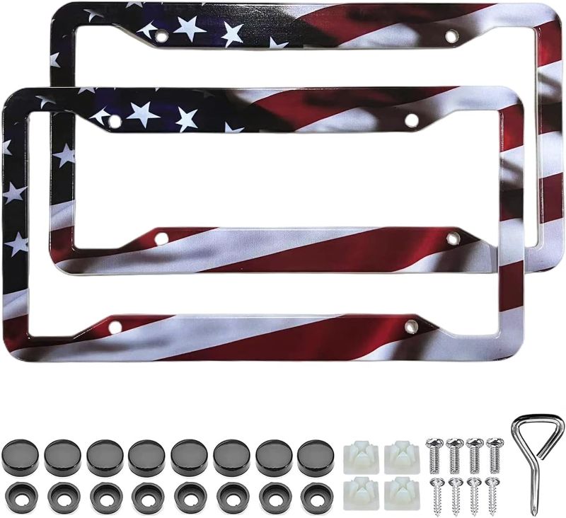 Photo 1 of American Flag License Plate Frame Holder - 2 Pack Universal Aluminum Matte Stripe US Flag Gloss Patriotic Car Plate Frame Covers with Free Screws Fasteners Caps
