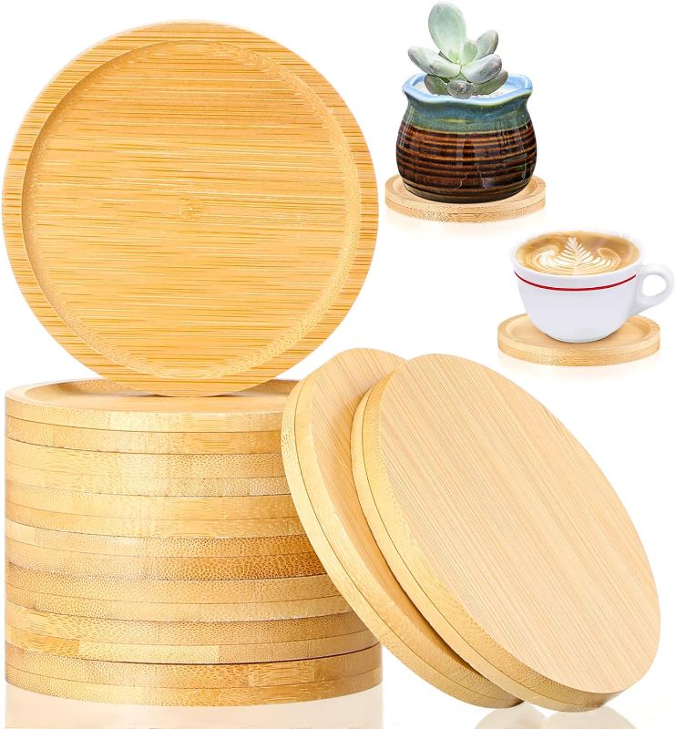 Photo 1 of BRAND NEW! Patelai 10 Pcs Round Bamboo Coasters for Planters Bamboo Planter Drink Saucer Trays Tabletop Planters Protection Home Office Decoration(3.74 inch)
