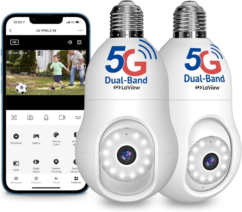 Photo 1 of 4MP Bulb Security Camera 5G& 2.4GHz, 360°2K Security Cameras Wireless Outdoor Indoor Full Color Day and Night, Motion Detection, Audible Alarm, Easy Installation, Compatible with Alexa (2 Pack)
