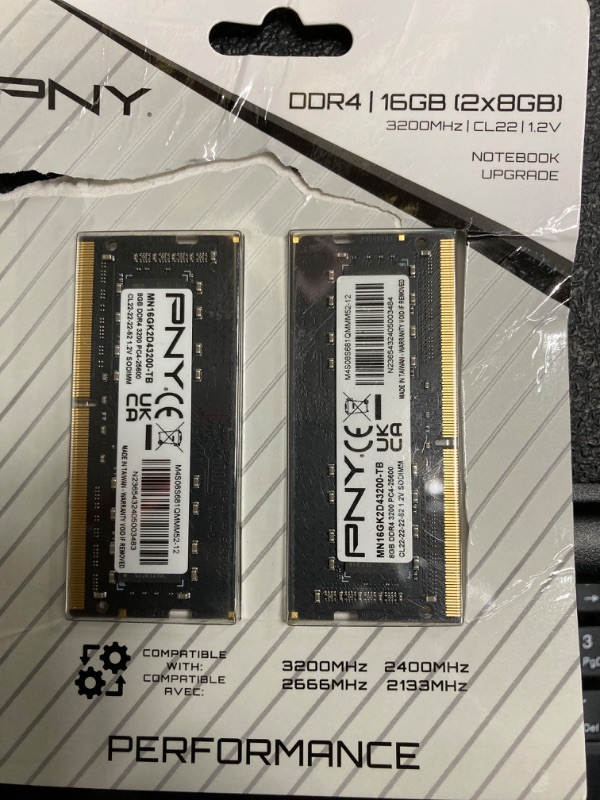 Photo 2 of PNY Performance 16GB (2x8GB) DDR4 DRAM 3200MHz (PC4-25600) CL22 (Compatible with 2933MHz, 2666MHz, 2400MHz or 2133MHz) 1.2V Notebook/Laptop (SODIMM) Computer Memory Kit – MN16GK2D43200-TB 16GB (2x8GB) Standard