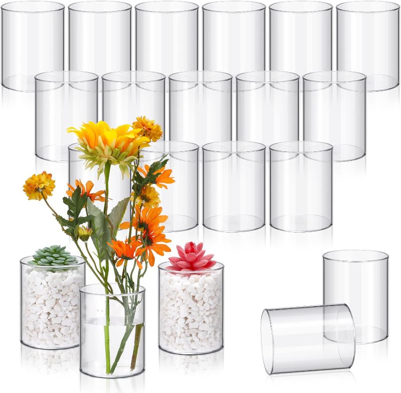 Photo 1 of 20 Pcs 4 Inch Plastic Flower Vase Clear Cylinder Wide Vase Round Vase Hurricane Candle Holder Vase Large Plastic Cylinder Container Decorative Centerpiece for Home Office Wedding Decorations
