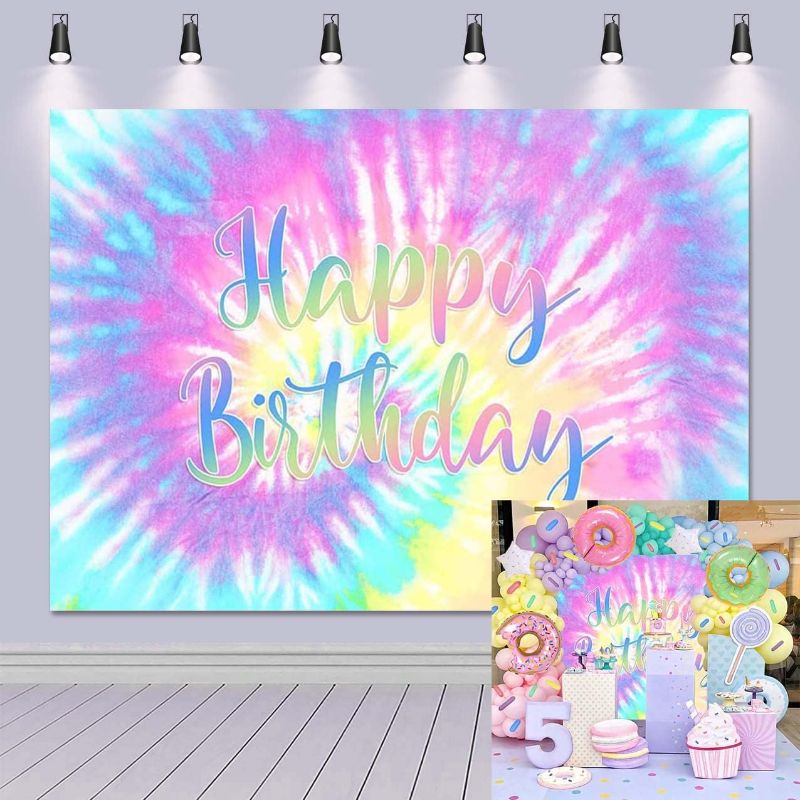 Photo 1 of Rainbow Backdrop for Happy Birthday 7X5FT Macaron Pastel Colorful Birthday Photography Background Tie Dye Theme Party Supplies Children Women Girls Sweet 16th Birthday Cake Table Decoration Banner
