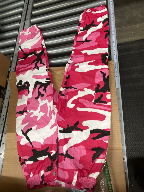 Photo 2 of Women's Camo Pants Cargo Trousers Cool Camouflage Pants Elastic Waist Casual Multi Jogger Pants with Pocket A-hot Pink Small