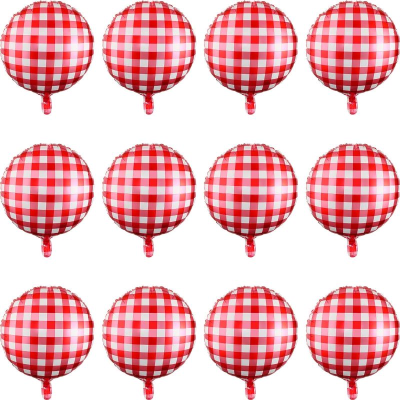Photo 1 of 50 Pieces 18 Inches Checkerboard Balloons Aluminum Foil Balloons Party Decorations Checkered Balloons for Summer Picnic BBQ Party Decor Birthday Holiday Racing Themed Party Supplies(Red, White)
