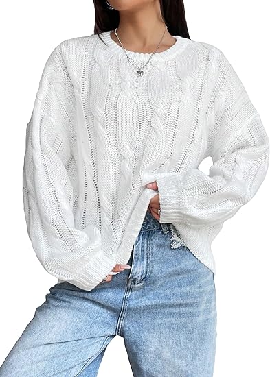 Photo 1 of SHENHE Women's Cable Knit Crewneck Drop Shoulder Casual Sweater Pullover Top
