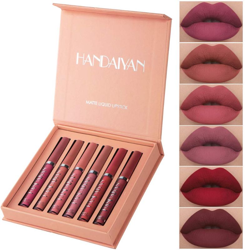 Photo 1 of 6Pcs Matte Liquid Lipstick Set Lip Stain Makeup, Long Lasting High Pigmented Nude Waterproof Non-Stick Cup Lip Gloss Kit for Girls Women Make Up Gift Set
