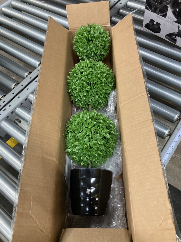 Photo 2 of 18 Inch Artificial Boxwood Topiary Plants - 3 Ball-Shape Faux Topiaries with Planters for Home Decor, Office Desk, Front Porch Indoor and Outdoor - Green with Black Pot