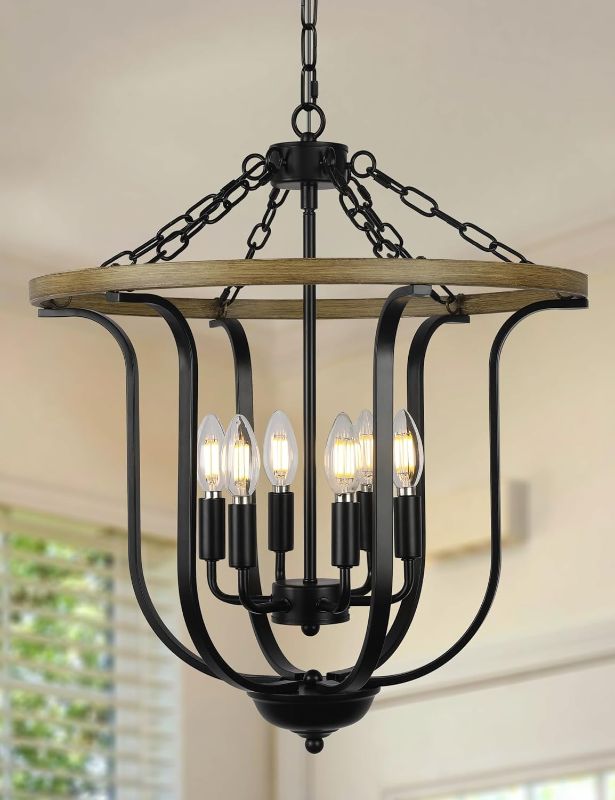 Photo 1 of Black Farmhouse Chandelier Light Fixture,6-Light Rustic Cage Farmhouse Lighting,Vintage Lantern Chandelier for Entryway Foyer Dining Room Kitchen Island Staircase,E12,19.7".