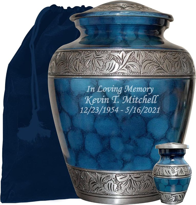 Photo 1 of Blue Human Cremation Urn with Keepsake and Velvet Bag