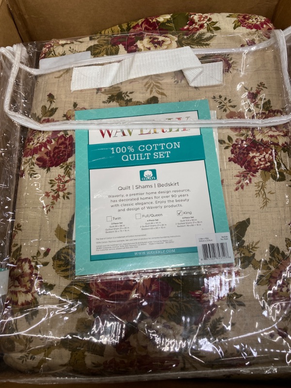 Photo 2 of Waverly Norfolk Modern Farmhouse Floral 4-Piece Reversible Quilt Set, King, Tea Stain