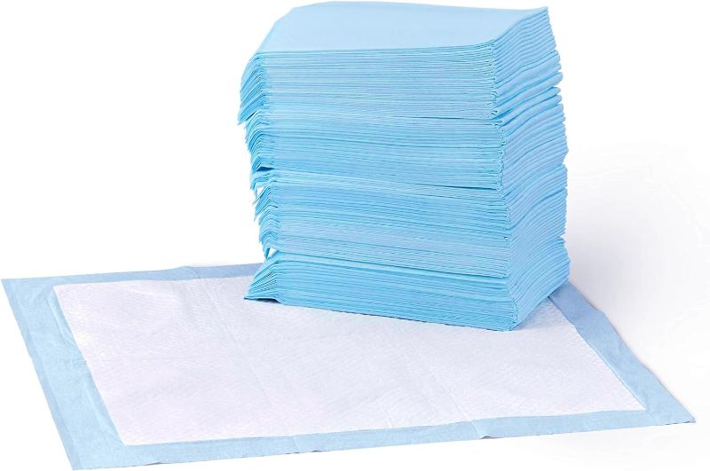 Photo 1 of Amazon Basics Dog and Puppy Pee Pads with 5-Layer Leak-Proof Design and Quick-Dry Surface for Potty Training, Standard Absorbency, Regular Size, 22 x 22 Inch - Pack of 50, Blue & White

