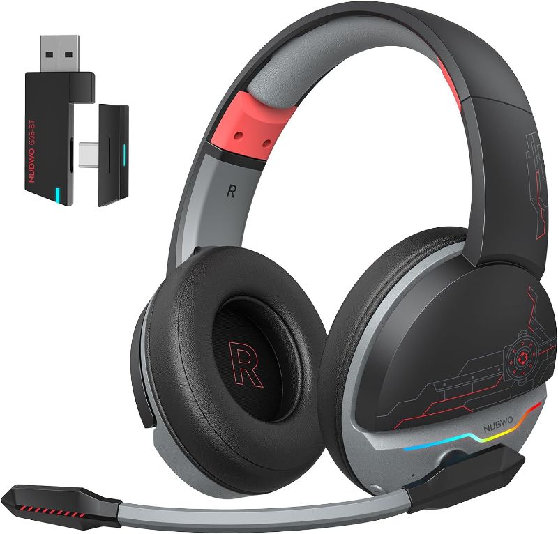 Photo 1 of NUBWO G08 Dual Wireless Gaming Headset with Microphone for PS5, PS4, PC, Mobile, Tablet: 2.4Ghz Wireless + 5.3 Bluetooth - Lightweight - RGB Light - Red