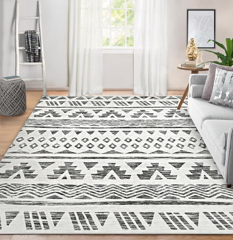 Photo 1 of Area Rug Living Room Carpet: 8x10 Large Moroccan Soft Fluffy Geometric Washable Bedroom Rugs Dining Room Home Office Nursery Low Pile Decor Under Kitchen Table Black/Ivory