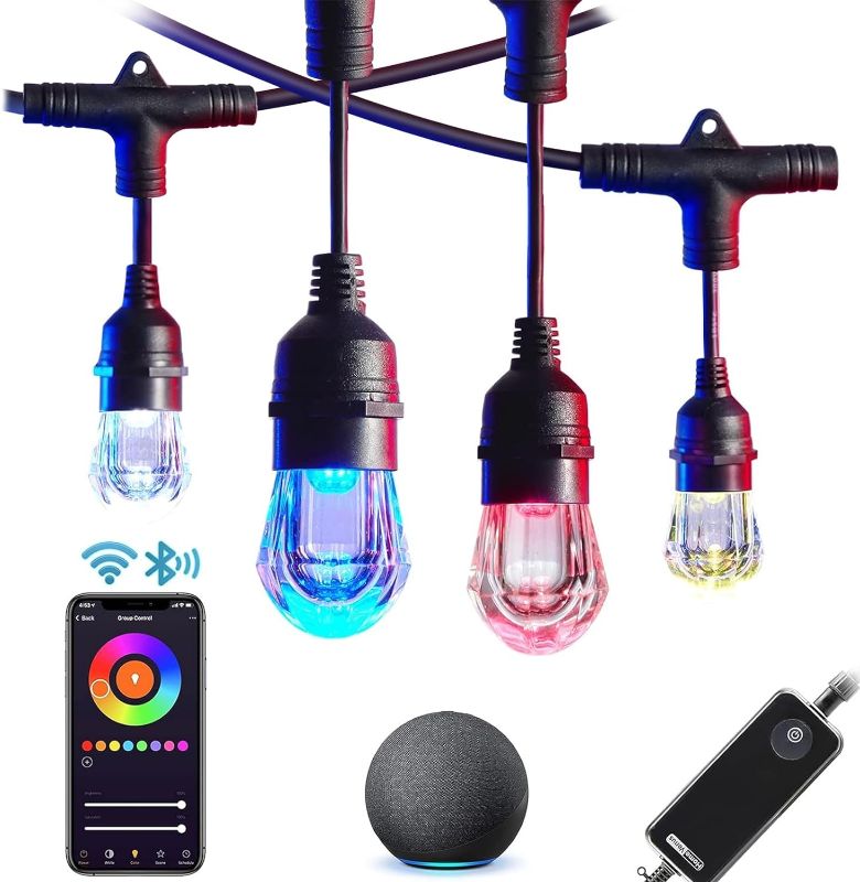 Photo 1 of ***LIGHTS ONLY - Transmitter not included***

Smart Outdoor String Lights LED 48Ft Color Changing RGBW Patio String Lights APP Control Waterproof 48 Acrylic Bulbs 3 Core Wire RGB